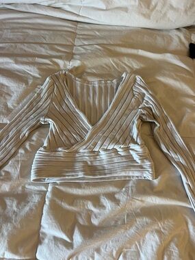 Ribbed Wrap-Front Long Sleeve Top - Cream